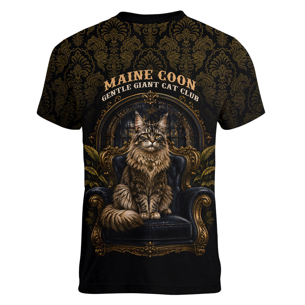 Maine Coon Cat Gentle Giant Women V-Neck T-Shirt Royal Feline Vintage Gold Damask Portrait
