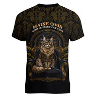 Maine Coon Cat Gentle Giant Women V-Neck T-Shirt Royal Feline Vintage Gold Damask Portrait