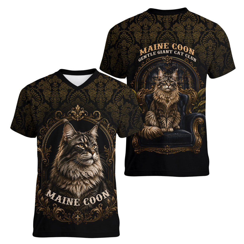 Maine Coon Cat Gentle Giant Women V-Neck T-Shirt Royal Feline Vintage Gold Damask Portrait