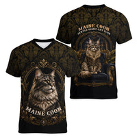 Maine Coon Cat Gentle Giant Women V-Neck T-Shirt Royal Feline Vintage Gold Damask Portrait