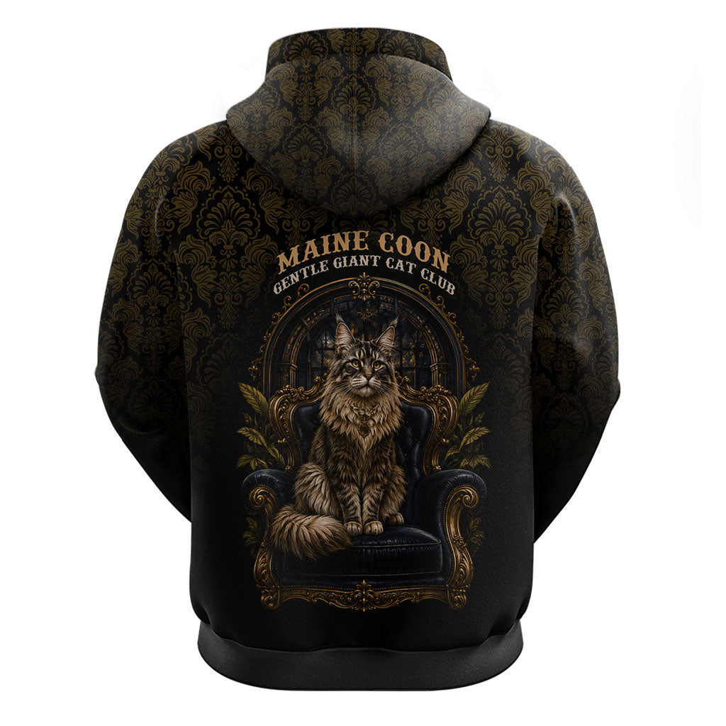 Maine Coon Cat Gentle Giant Zip Hoodie Royal Feline Vintage Gold Damask Portrait