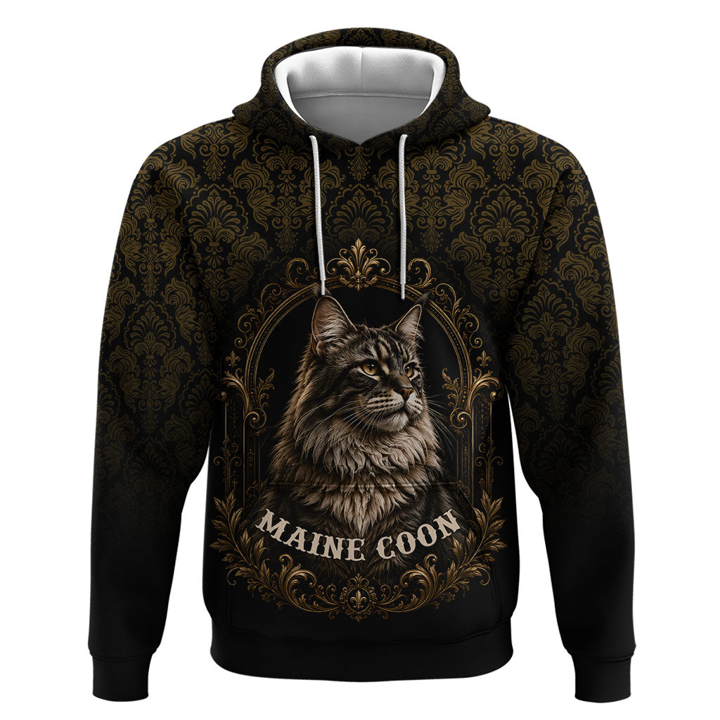 Maine Coon Cat Gentle Giant Zip Hoodie Royal Feline Vintage Gold Damask Portrait