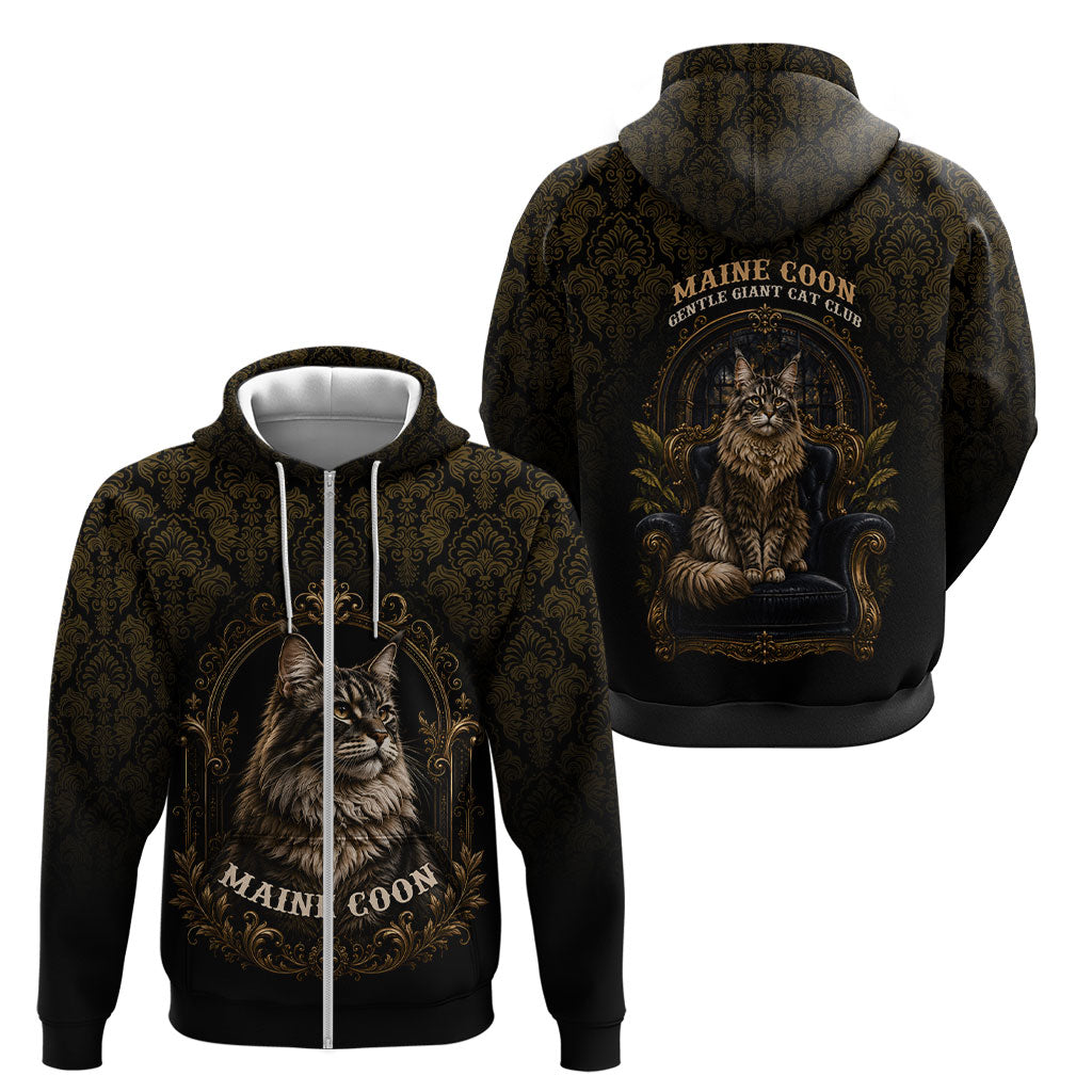 Maine Coon Cat Gentle Giant Zip Hoodie Royal Feline Vintage Gold Damask Portrait