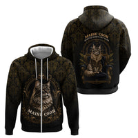 Maine Coon Cat Gentle Giant Zip Hoodie Royal Feline Vintage Gold Damask Portrait