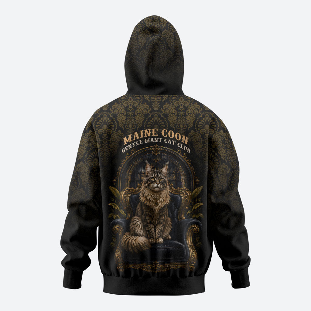 Maine Coon Cat Gentle Giant Zip Hoodie Royal Feline Vintage Gold Damask Portrait