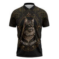 Maine Coon Cat Gentle Giant Zipper Polo Shirt Royal Feline Vintage Gold Damask Portrait