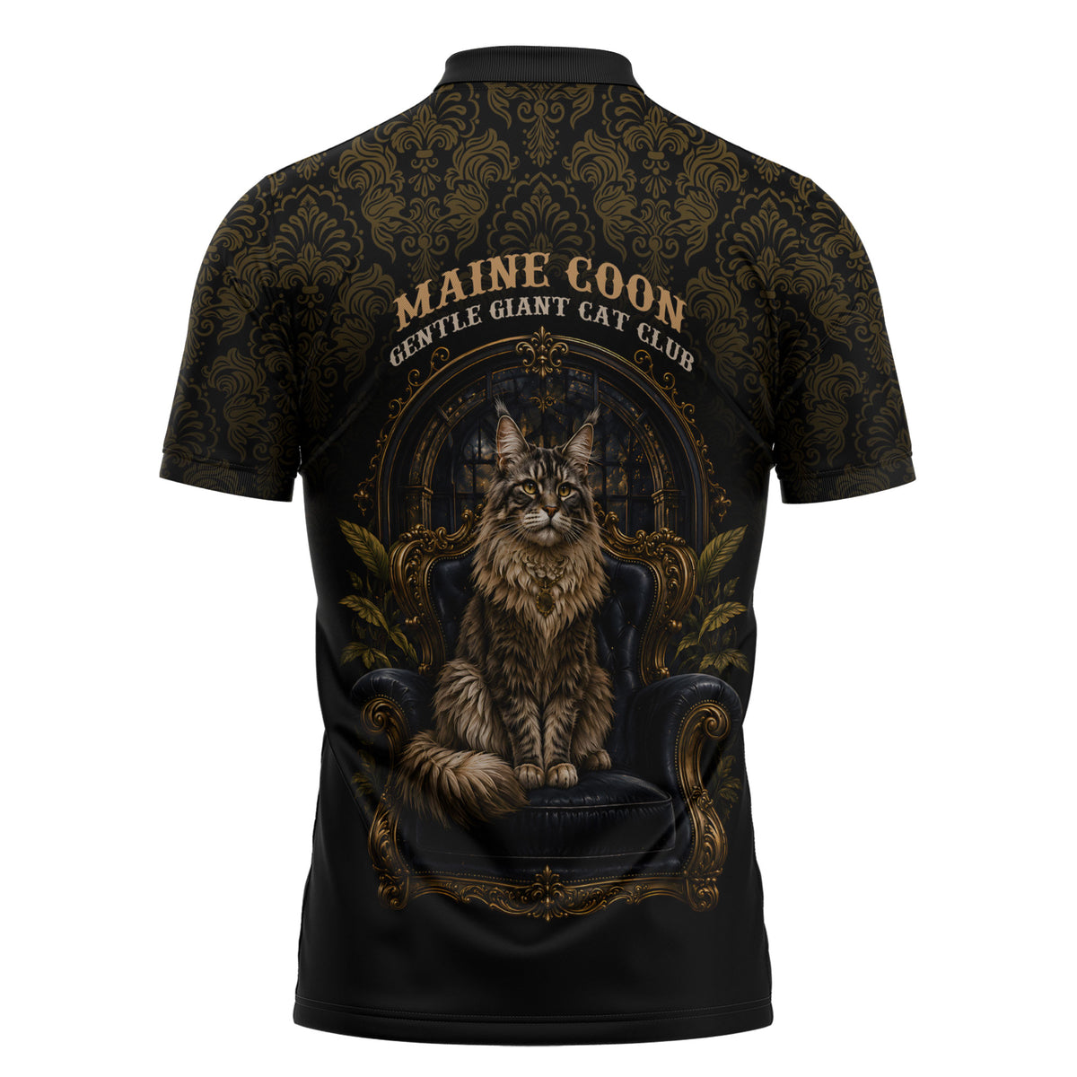 Maine Coon Cat Gentle Giant Zipper Polo Shirt Royal Feline Vintage Gold Damask Portrait