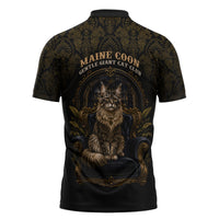 Maine Coon Cat Gentle Giant Zipper Polo Shirt Royal Feline Vintage Gold Damask Portrait