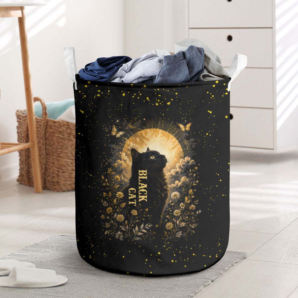 Black Cat Celestial Moon Laundry Basket Mystical Gold Floral Night Sky