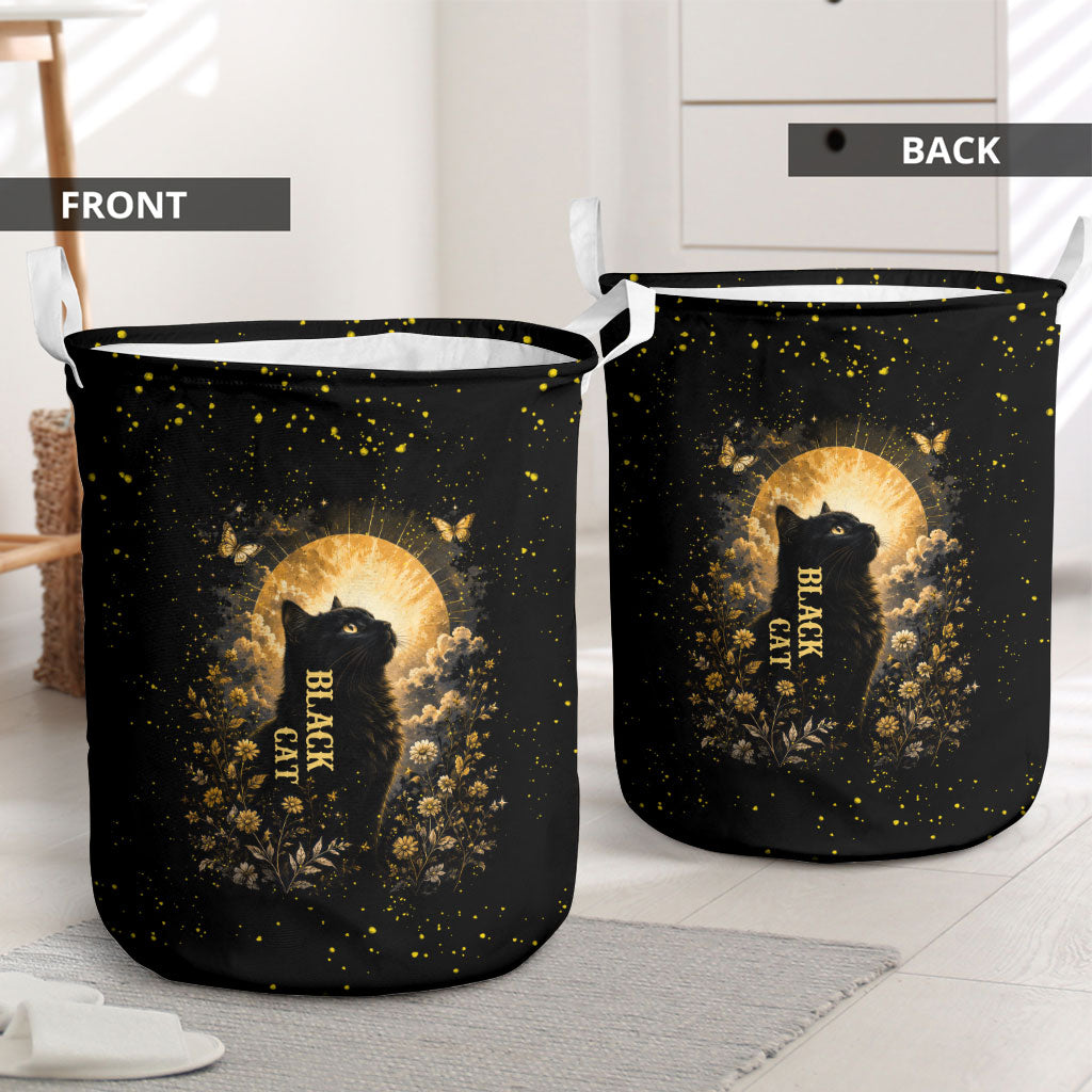 Black Cat Celestial Moon Laundry Basket Mystical Gold Floral Night Sky