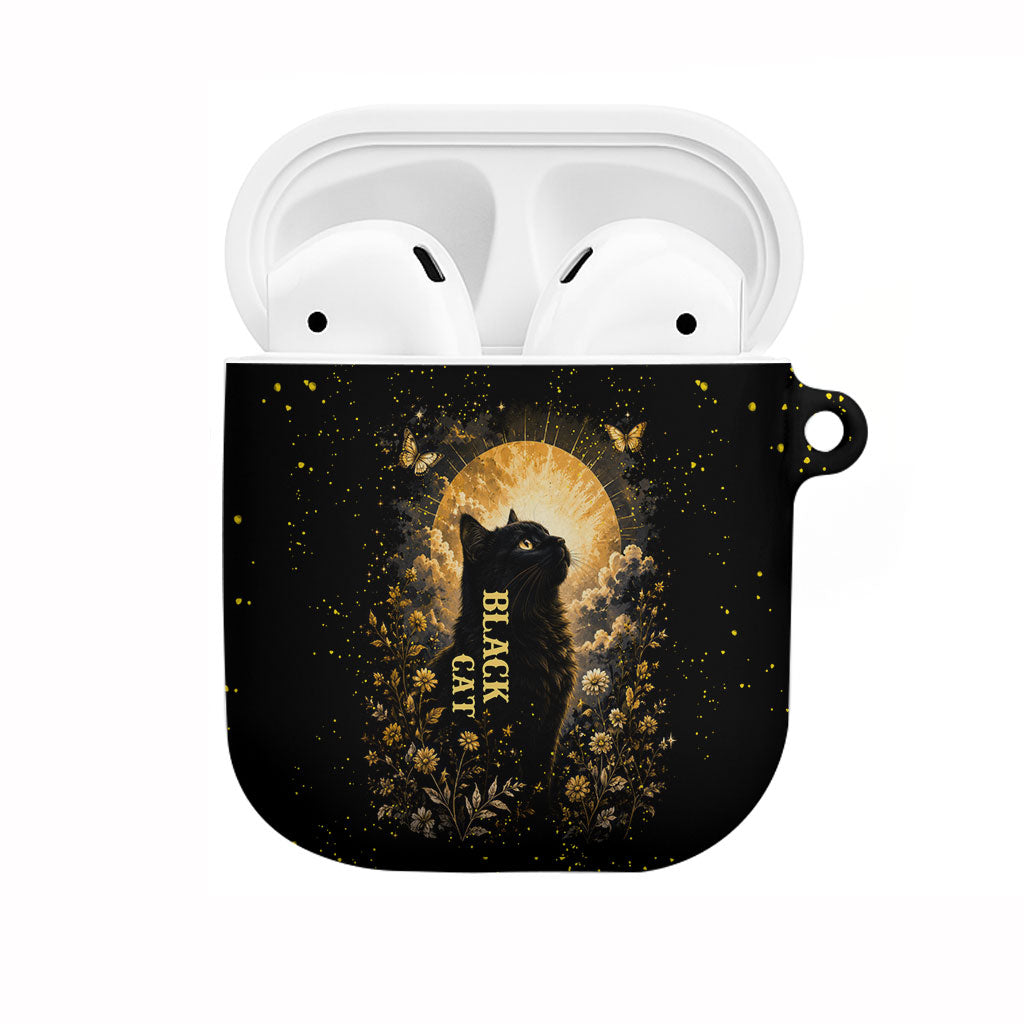 Black Cat Celestial Moon AirPods Case Mystical Gold Floral Night Sky