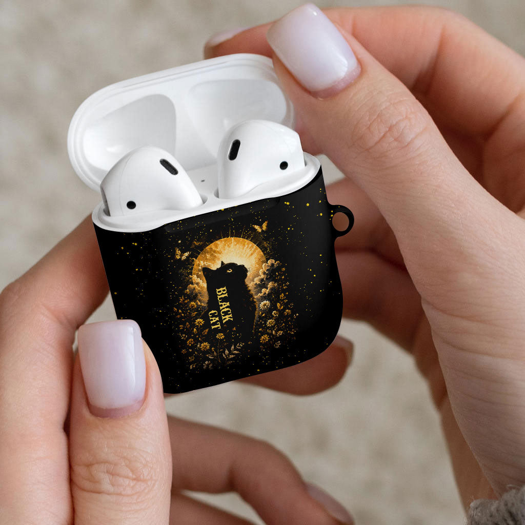 Black Cat Celestial Moon AirPods Case Mystical Gold Floral Night Sky