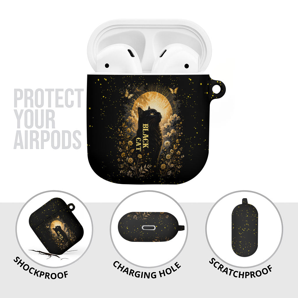 Black Cat Celestial Moon AirPods Case Mystical Gold Floral Night Sky