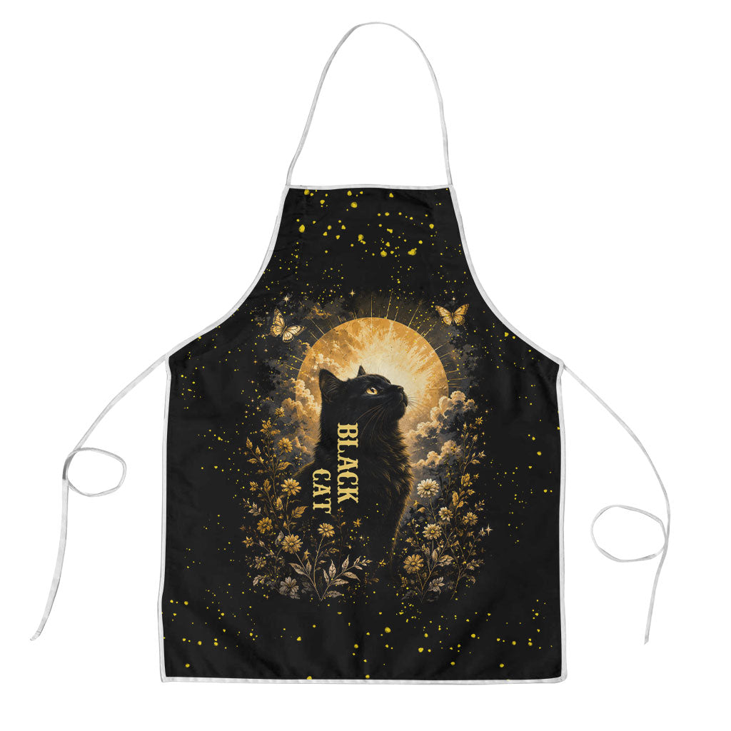 Black Cat Celestial Moon Apron Mystical Gold Floral Night Sky