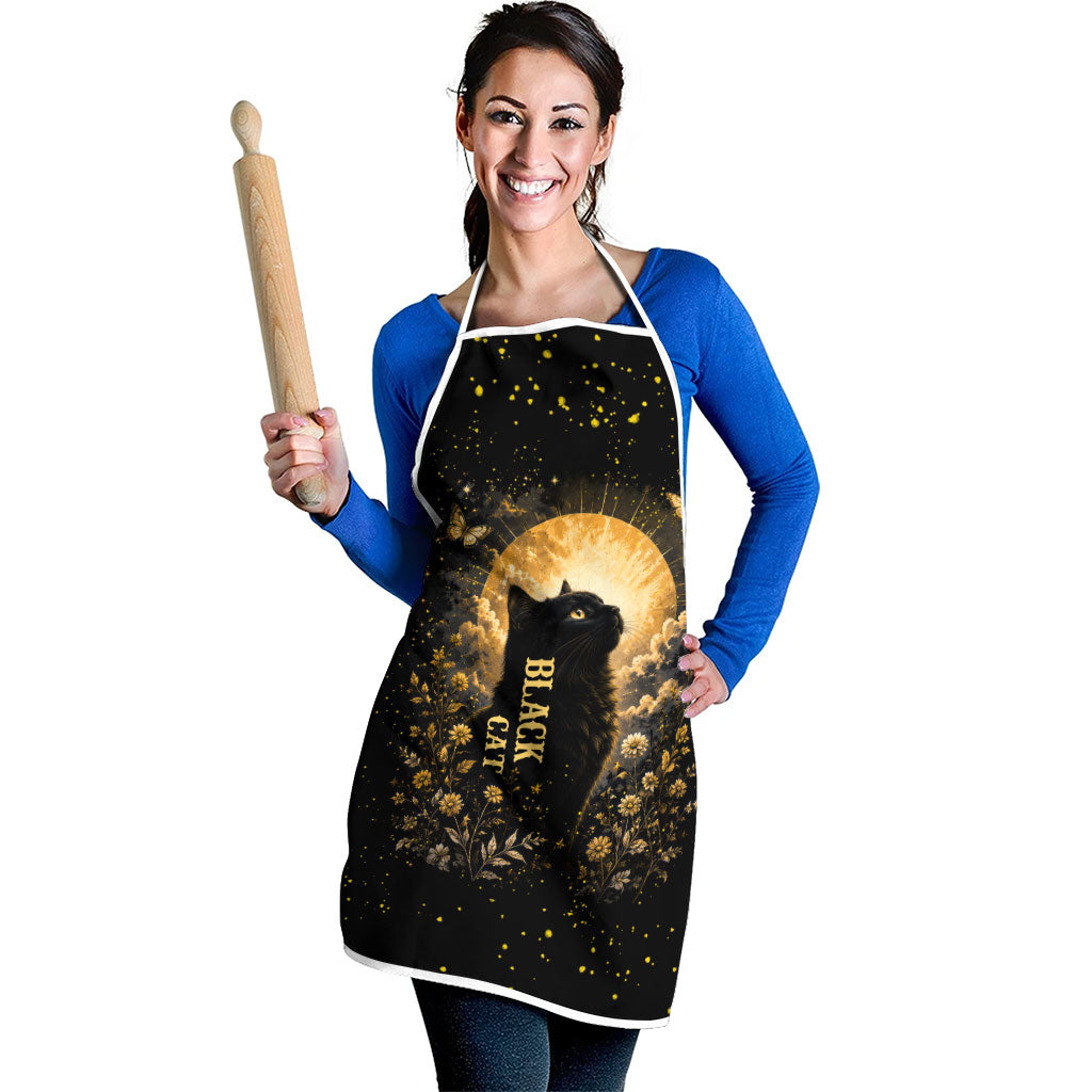 Black Cat Celestial Moon Apron Mystical Gold Floral Night Sky
