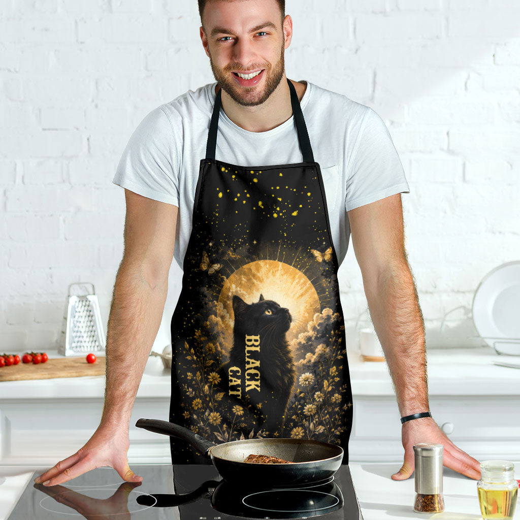 Black Cat Celestial Moon Apron Mystical Gold Floral Night Sky
