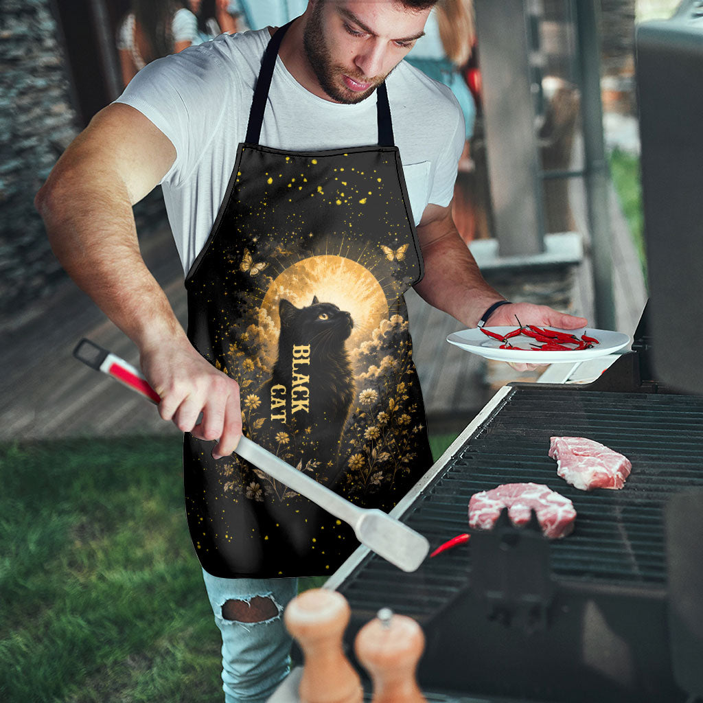 Black Cat Celestial Moon Apron Mystical Gold Floral Night Sky