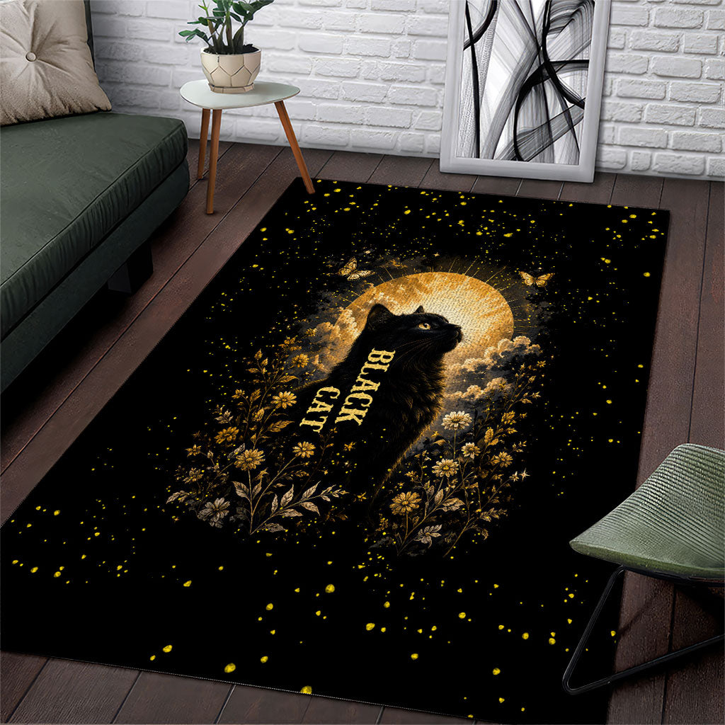 Black Cat Celestial Moon Area Rug Mystical Gold Floral Night Sky