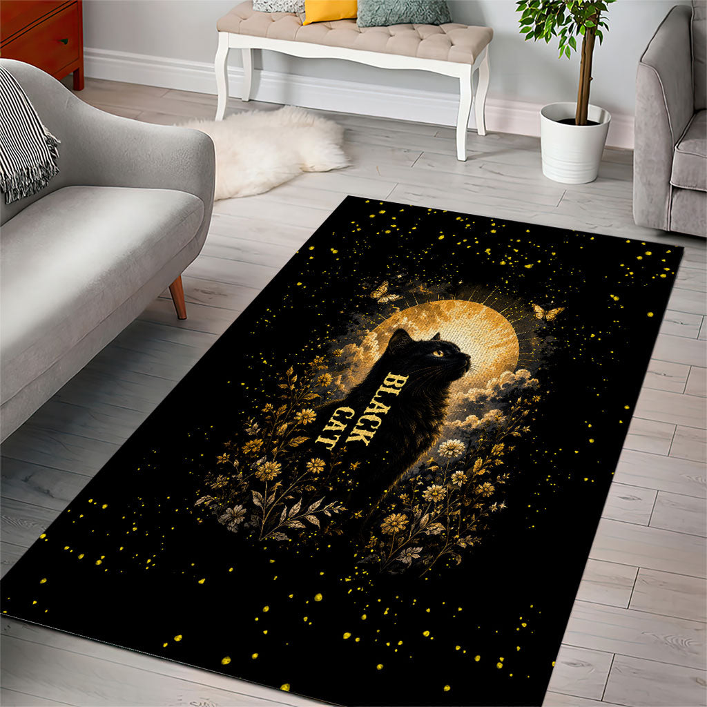 Black Cat Celestial Moon Area Rug Mystical Gold Floral Night Sky