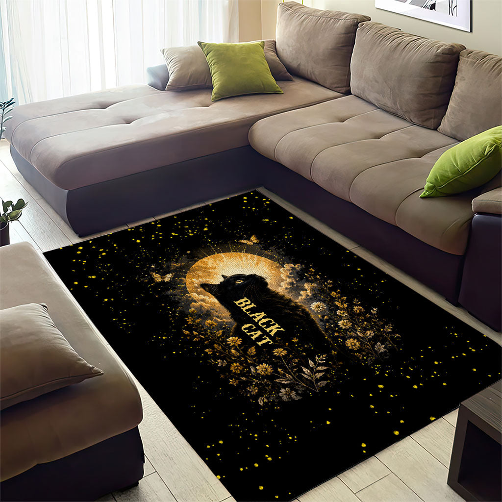 Black Cat Celestial Moon Area Rug Mystical Gold Floral Night Sky