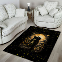 Black Cat Celestial Moon Area Rug Mystical Gold Floral Night Sky