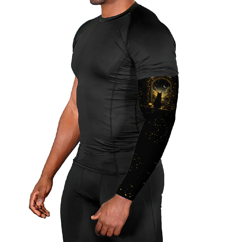Black Cat Celestial Moon Arm Sleeves Mystical Gold Floral Night Sky