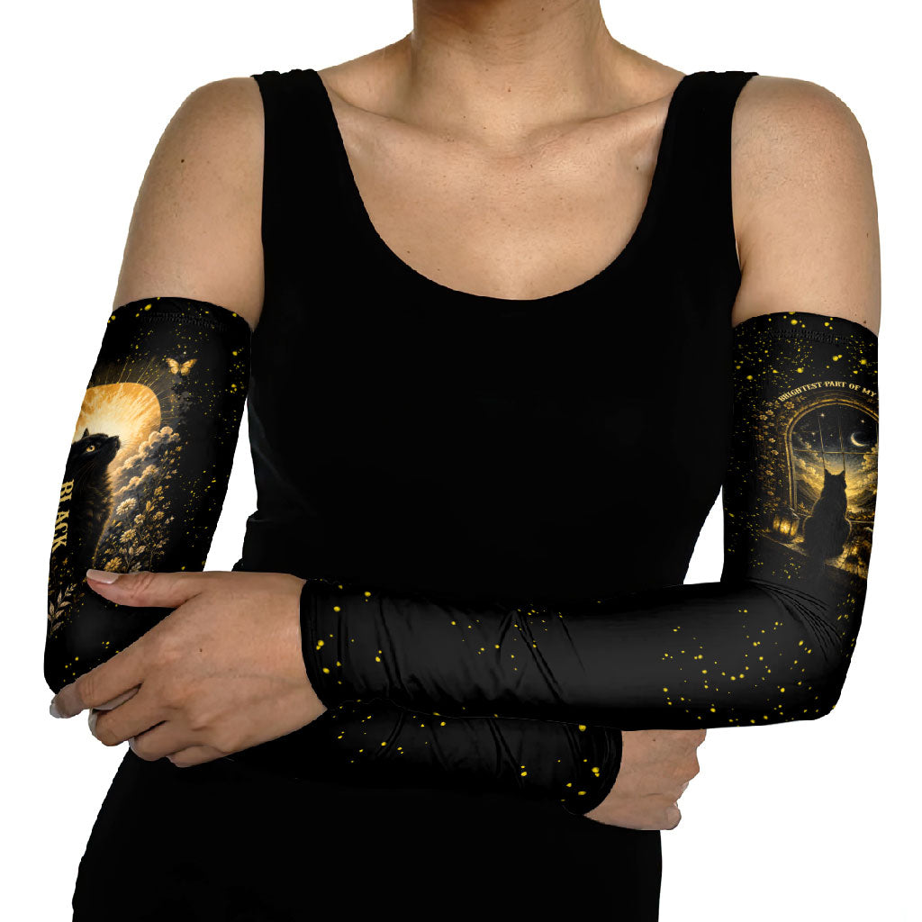 Black Cat Celestial Moon Arm Sleeves Mystical Gold Floral Night Sky