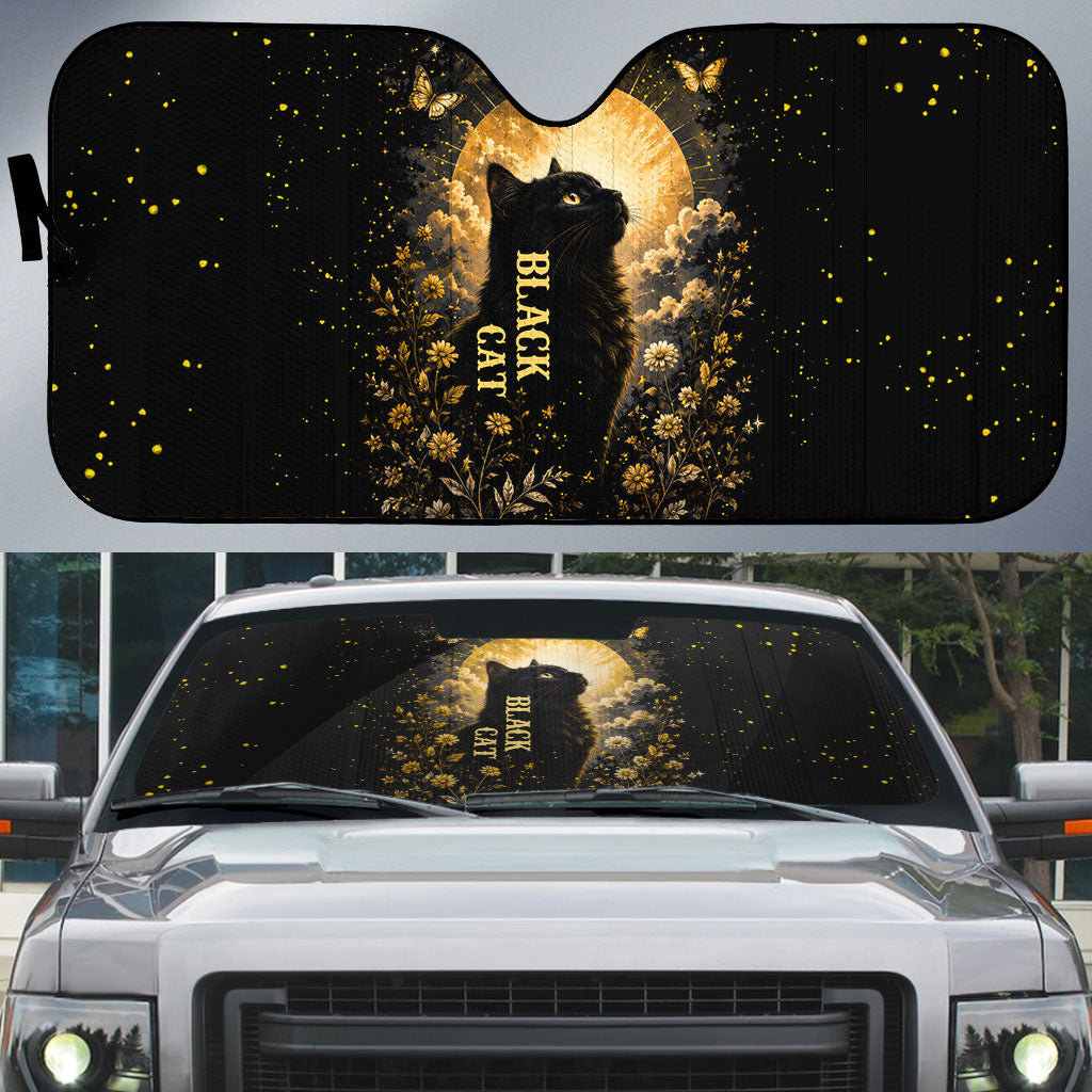 Black Cat Celestial Moon Auto Sun Shade Mystical Gold Floral Night Sky