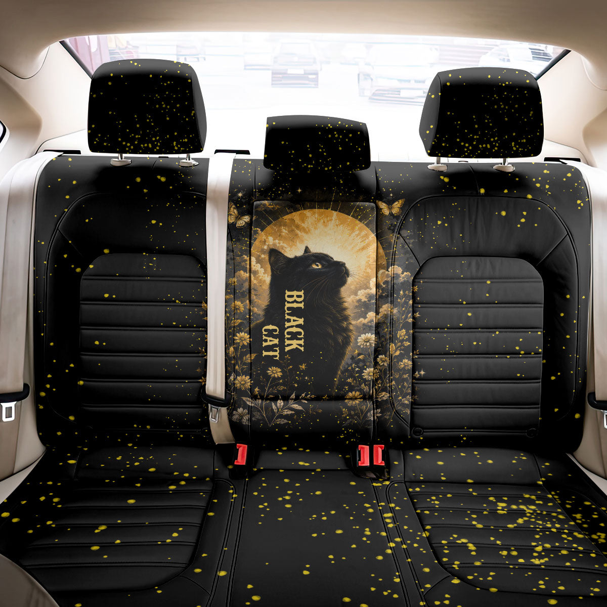 Black Cat Celestial Moon Back Car Seat Cover Mystical Gold Floral Night Sky