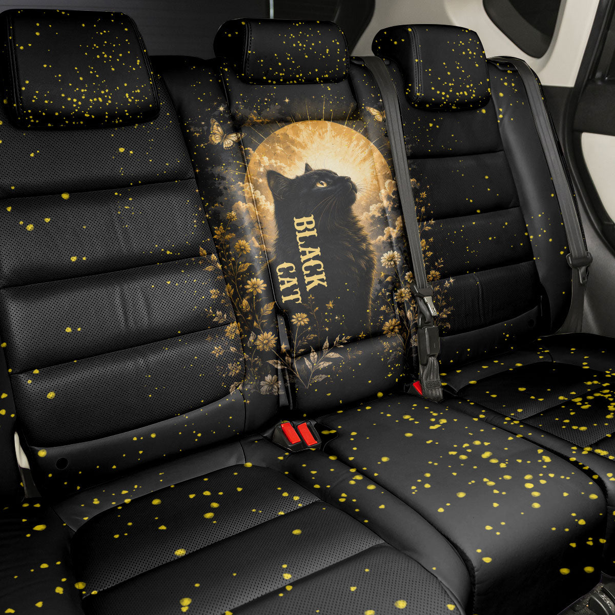 Black Cat Celestial Moon Back Car Seat Cover Mystical Gold Floral Night Sky