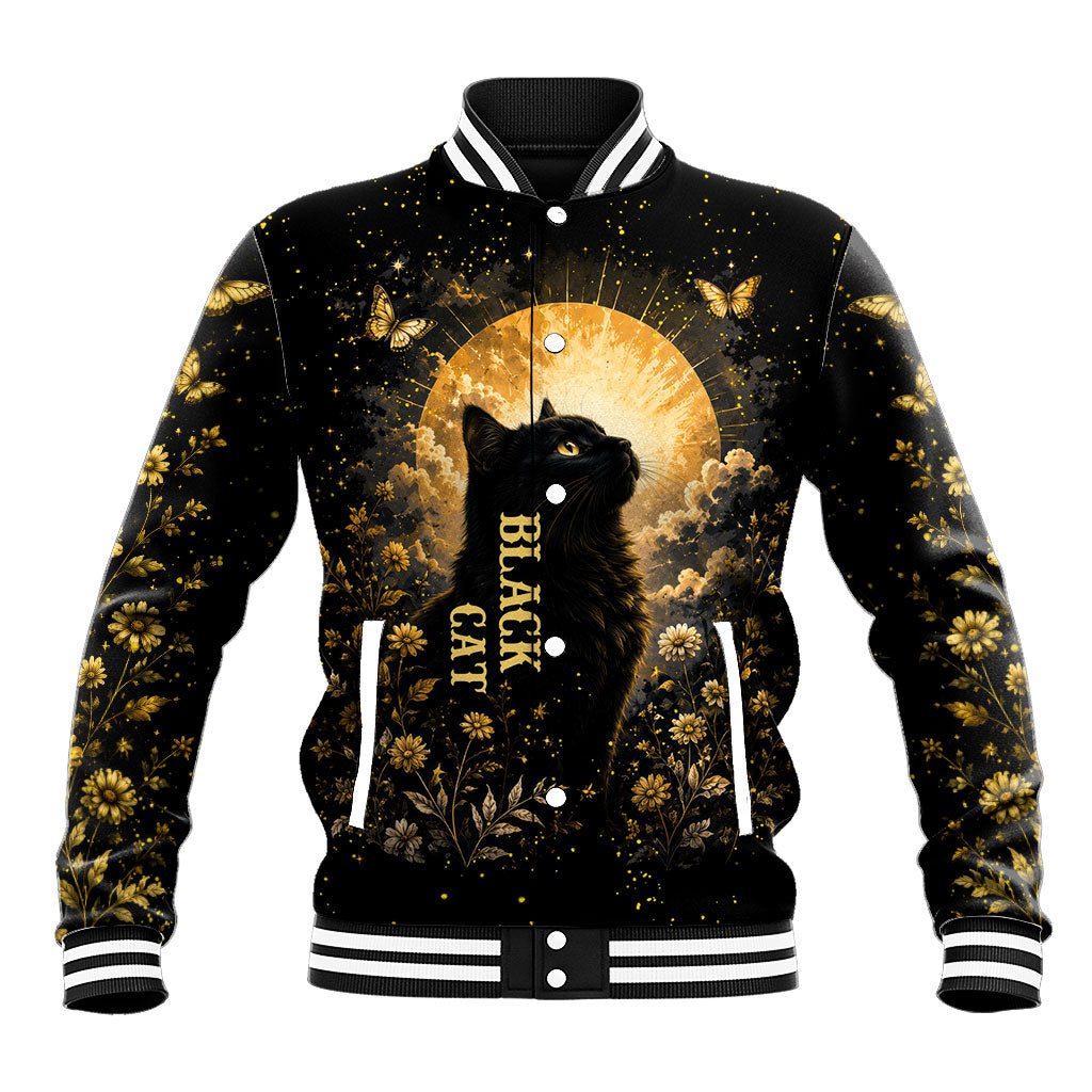 Black Cat Celestial Moon Baseball Jacket Mystical Gold Floral Night Sky