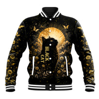Black Cat Celestial Moon Baseball Jacket Mystical Gold Floral Night Sky