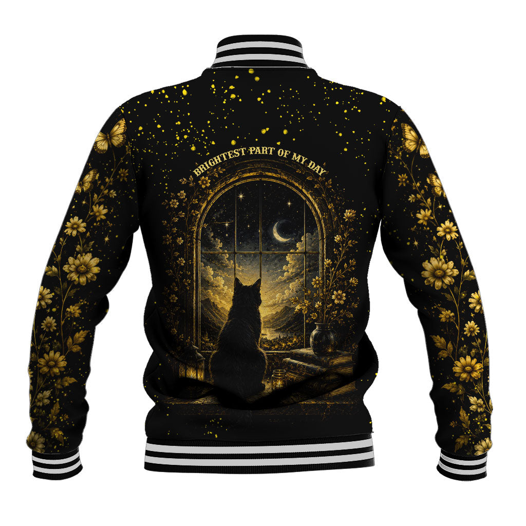 Black Cat Celestial Moon Baseball Jacket Mystical Gold Floral Night Sky