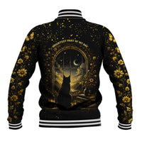 Black Cat Celestial Moon Baseball Jacket Mystical Gold Floral Night Sky