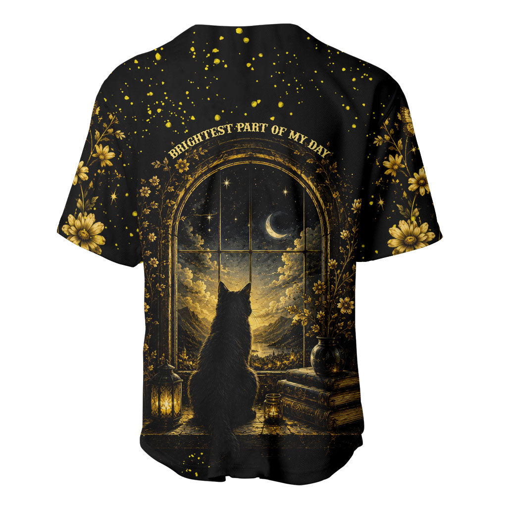 Black Cat Celestial Moon Baseball Jersey Mystical Gold Floral Night Sky