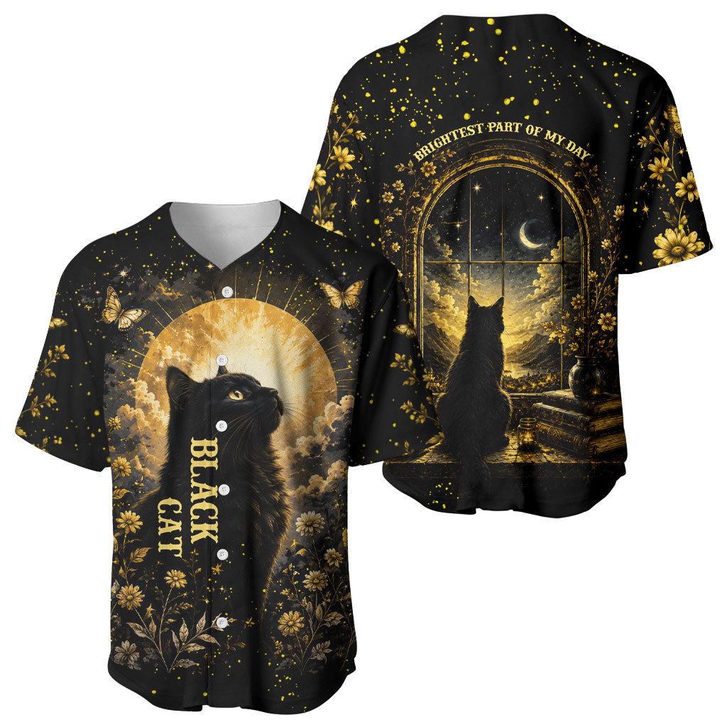 Black Cat Celestial Moon Baseball Jersey Mystical Gold Floral Night Sky