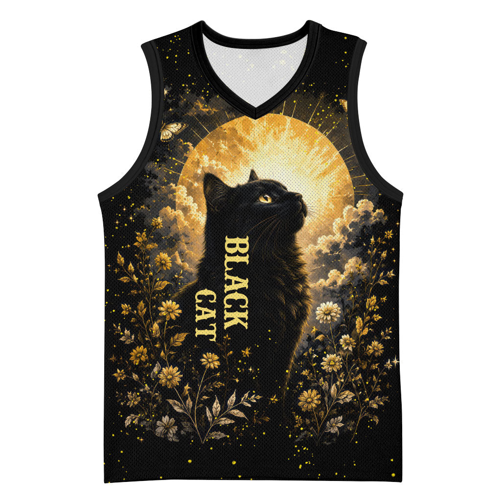 Black Cat Celestial Moon Basketball Jersey Mystical Gold Floral Night Sky