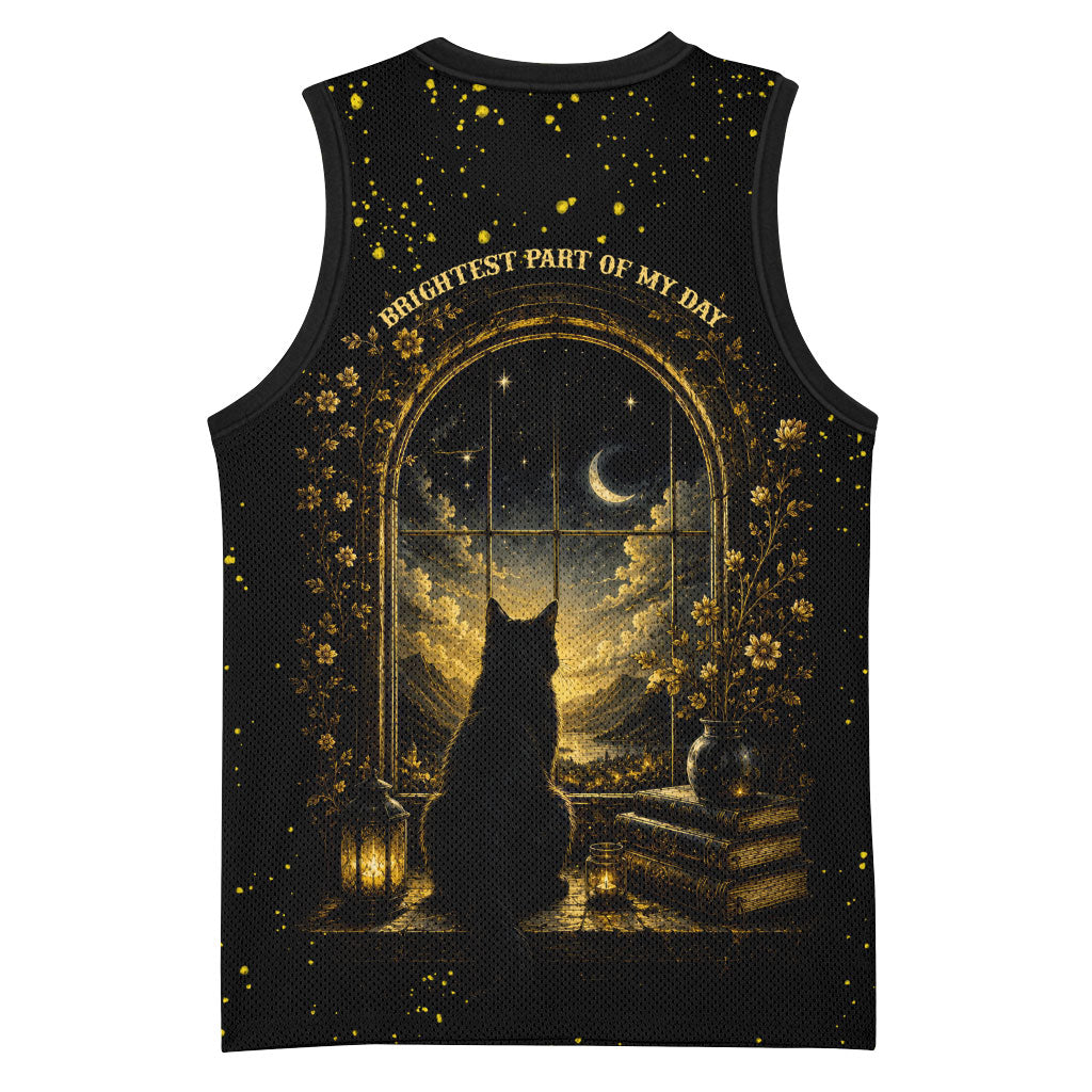 Black Cat Celestial Moon Basketball Jersey Mystical Gold Floral Night Sky