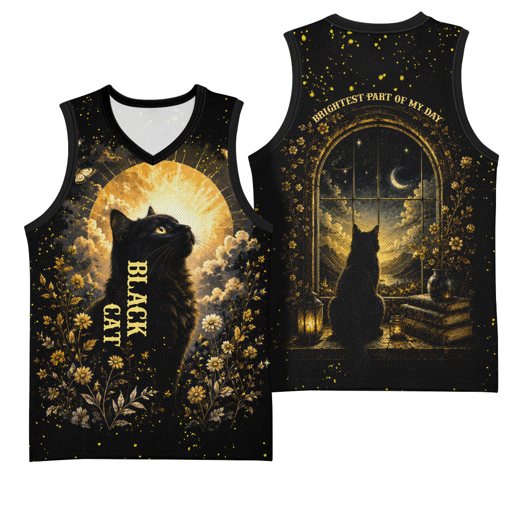 Black Cat Celestial Moon Basketball Jersey Mystical Gold Floral Night Sky