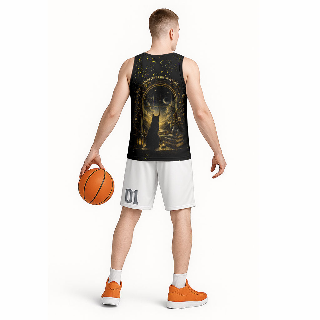 Black Cat Celestial Moon Basketball Jersey Mystical Gold Floral Night Sky
