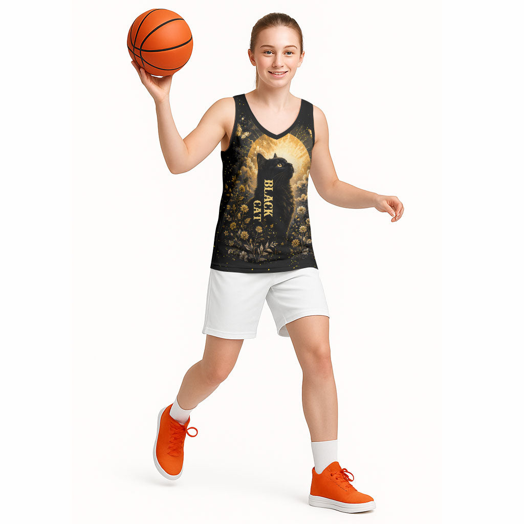 Black Cat Celestial Moon Basketball Jersey Mystical Gold Floral Night Sky