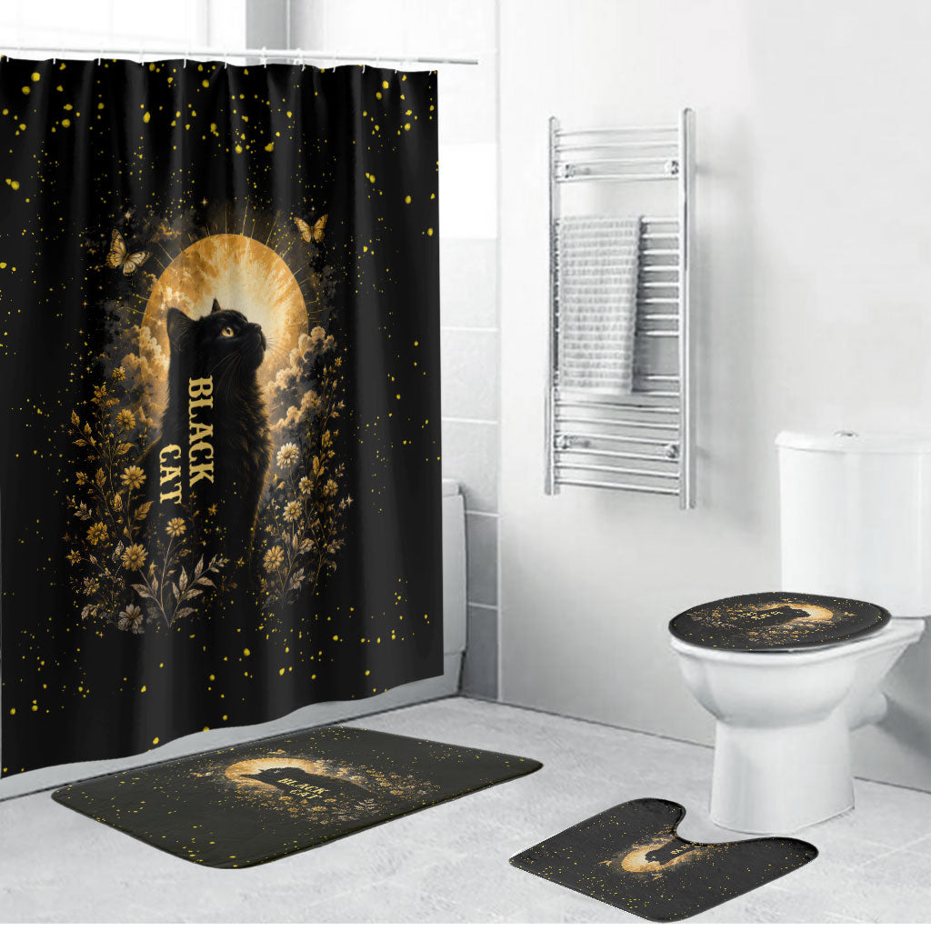 Black Cat Celestial Moon Bathroom Set Mystical Gold Floral Night Sky