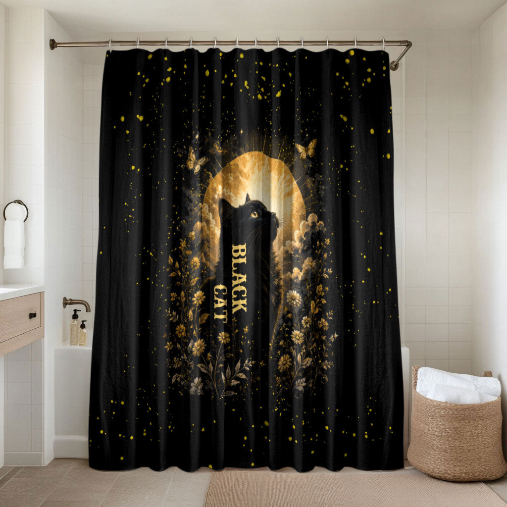 Black Cat Celestial Moon Bathroom Set Mystical Gold Floral Night Sky