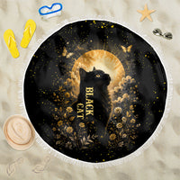 Black Cat Celestial Moon Beach Blanket Mystical Gold Floral Night Sky
