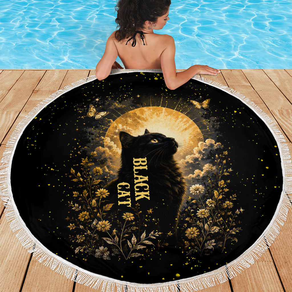 Black Cat Celestial Moon Beach Blanket Mystical Gold Floral Night Sky
