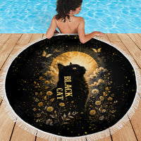 Black Cat Celestial Moon Beach Blanket Mystical Gold Floral Night Sky