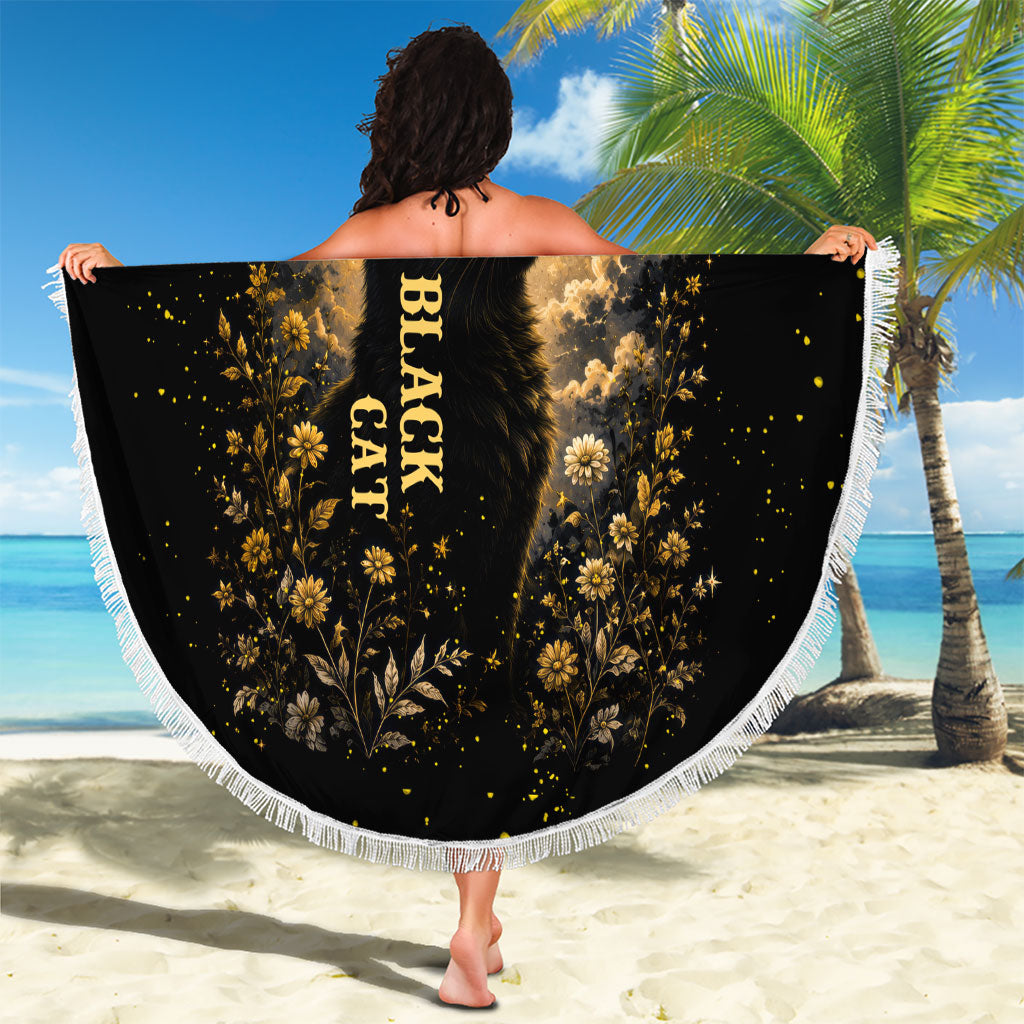 Black Cat Celestial Moon Beach Blanket Mystical Gold Floral Night Sky