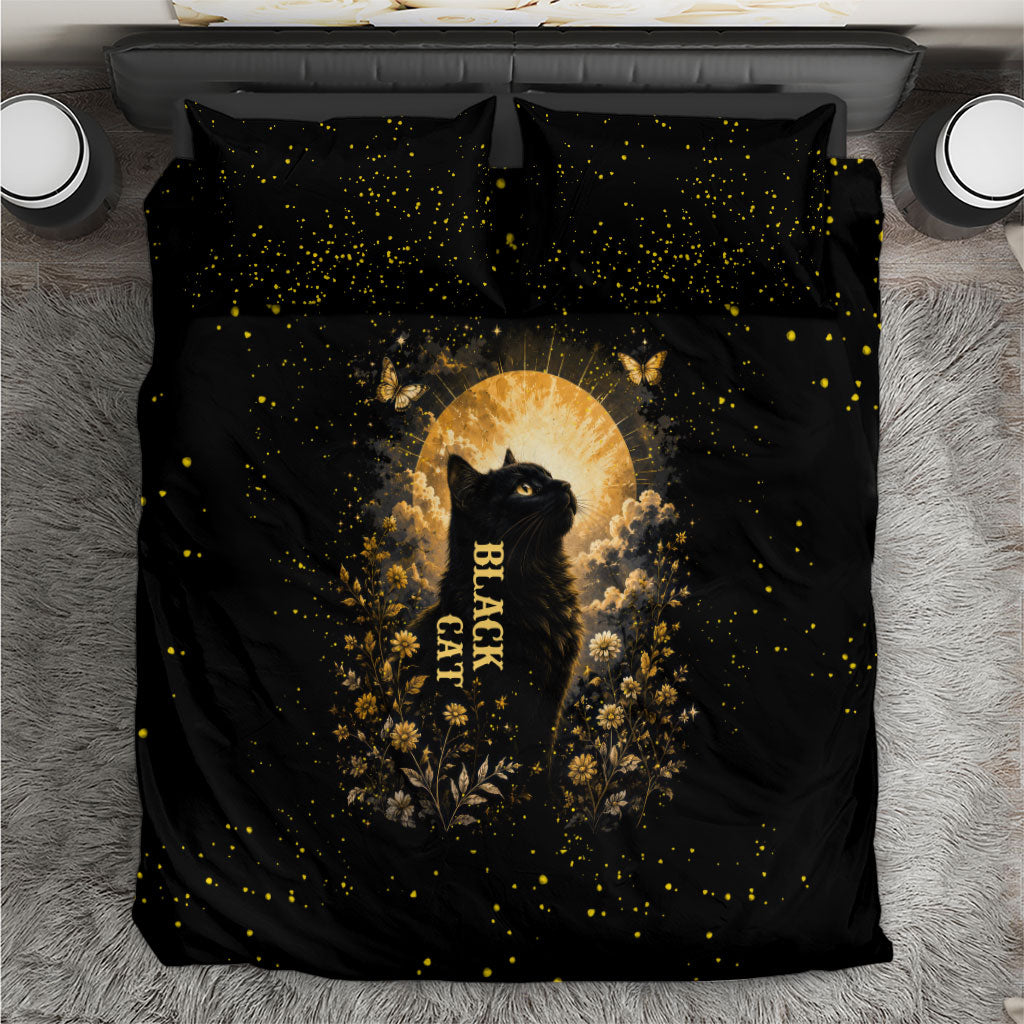 Black Cat Celestial Moon Bedding Set Mystical Gold Floral Night Sky