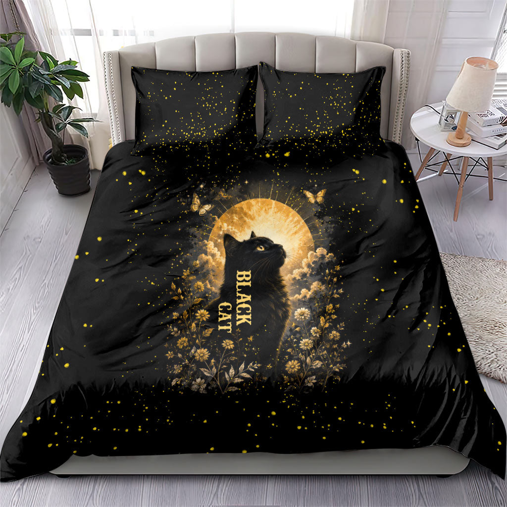 Black Cat Celestial Moon Bedding Set Mystical Gold Floral Night Sky