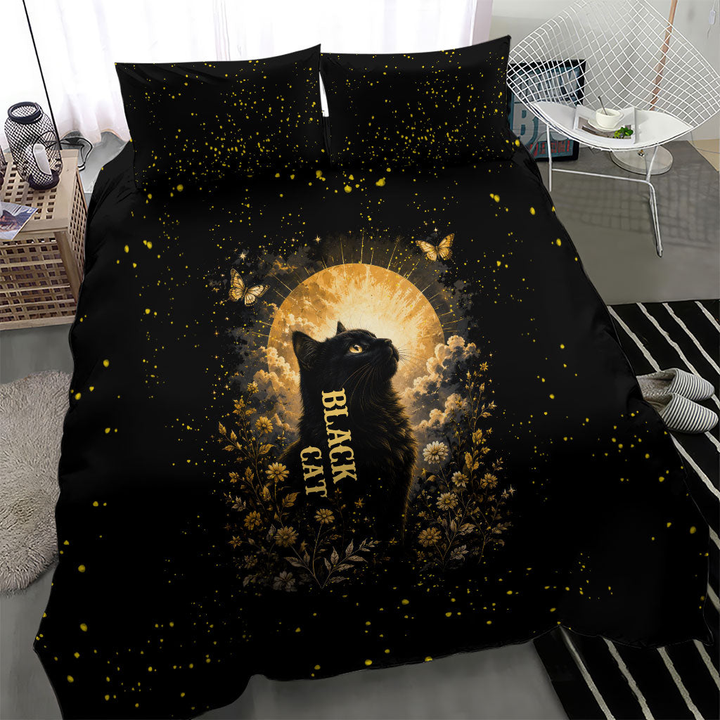 Black Cat Celestial Moon Bedding Set Mystical Gold Floral Night Sky